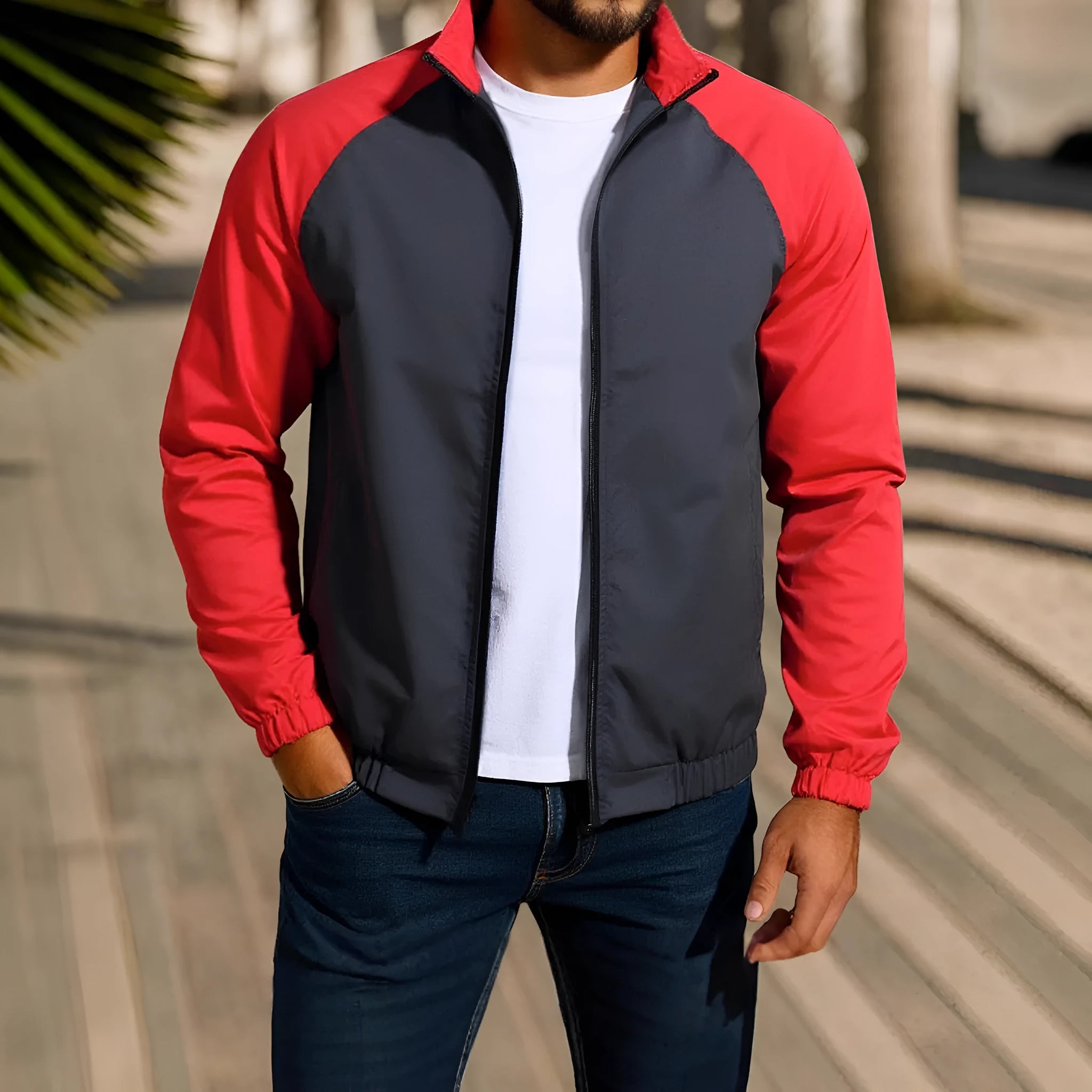 Men's casual stand collar contrast colour jacket in loose fit, polyester blend, green colour, front view