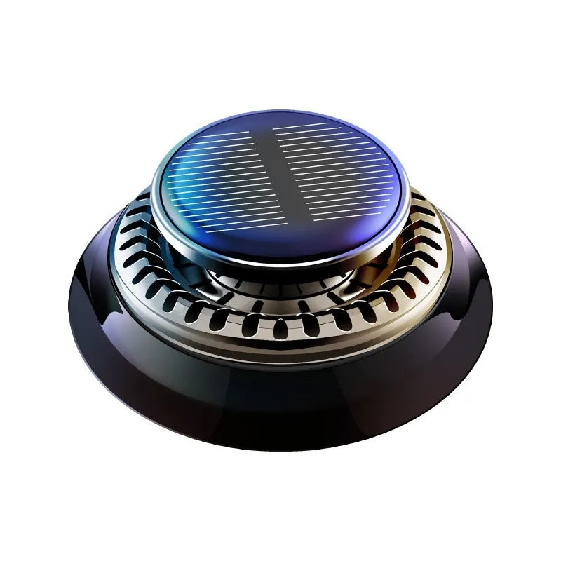Solar-powered kinetic double ring rotating car air freshener fragrance diffuser on a car dashboard.