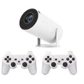 White Barrel X10 PLUS portable smart projector with gamepad and remote control on a table