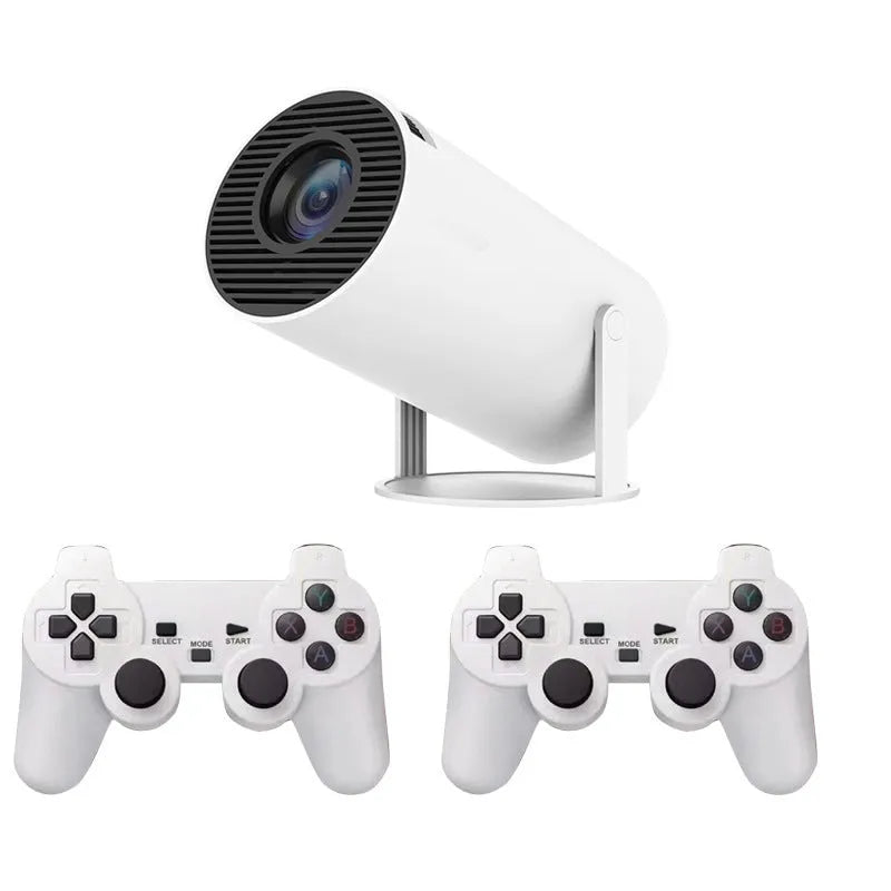 White Barrel X10 PLUS portable smart projector with gamepad and remote control on a table