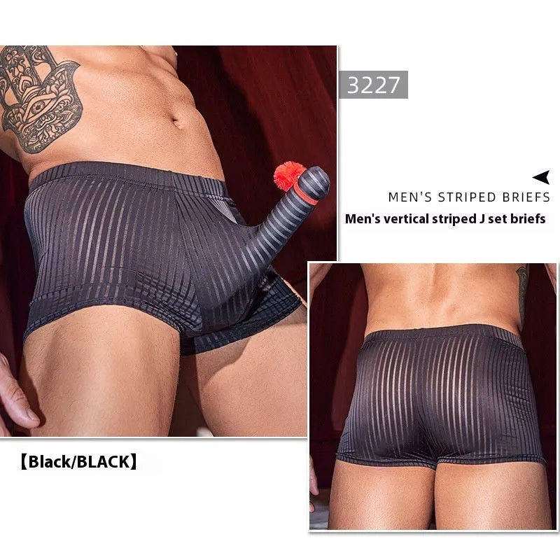 Men's striped nylon boxer briefs in free size shown in black, white and dark grey colours