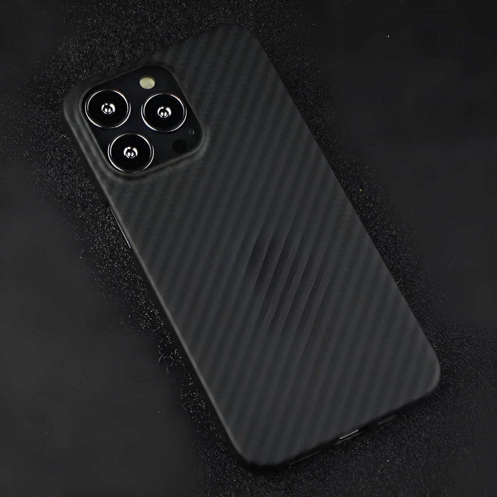 Kevlar fibre iPhone back cover with stripe pattern in dull black finish showing camera cutout