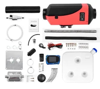 Red and black diesel air heater unit with fuel tank and exhaust components for vehicle installation