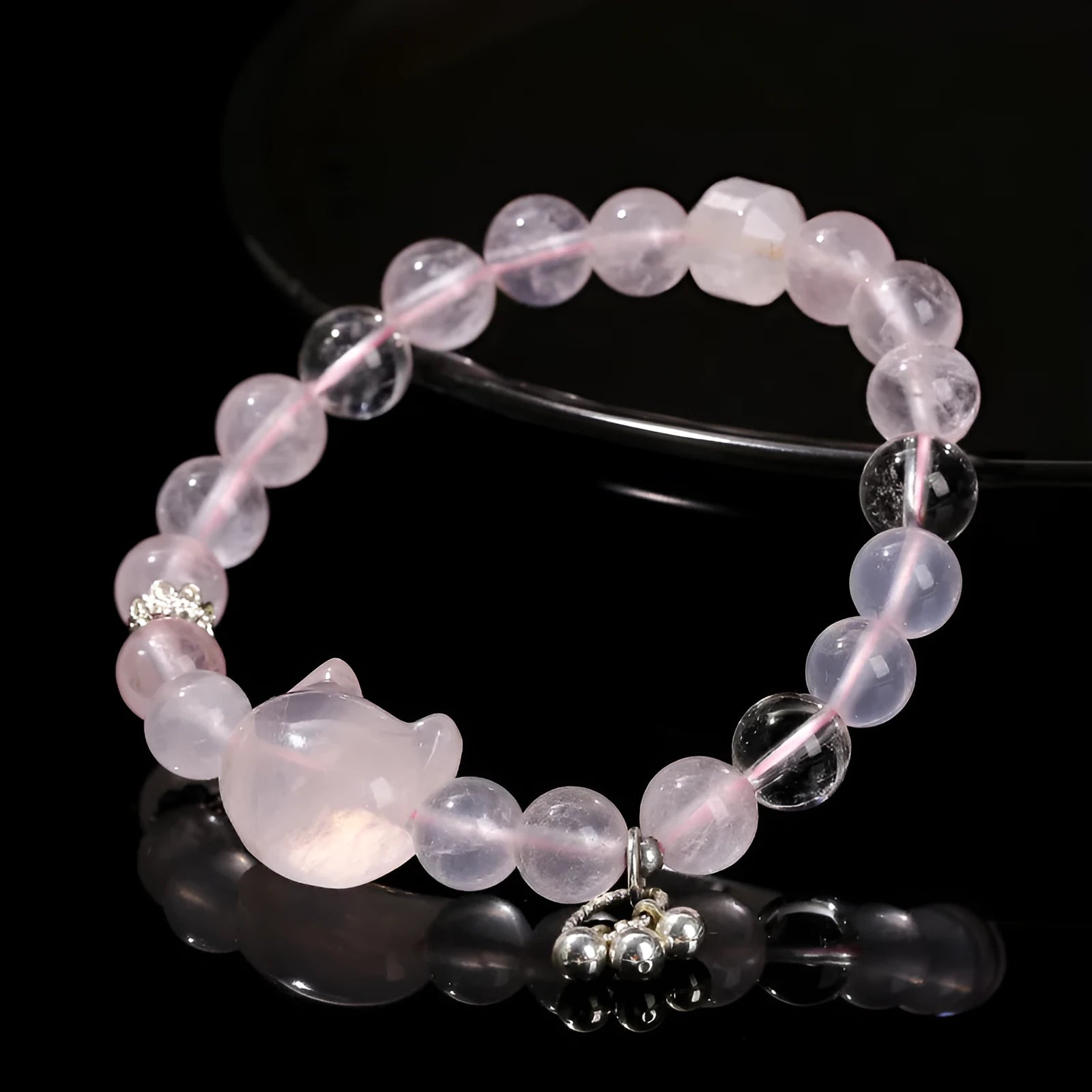 Natural starlight pink crystal cat head bracelet with copper setting, round gemstone bead, handmade women's bracelet