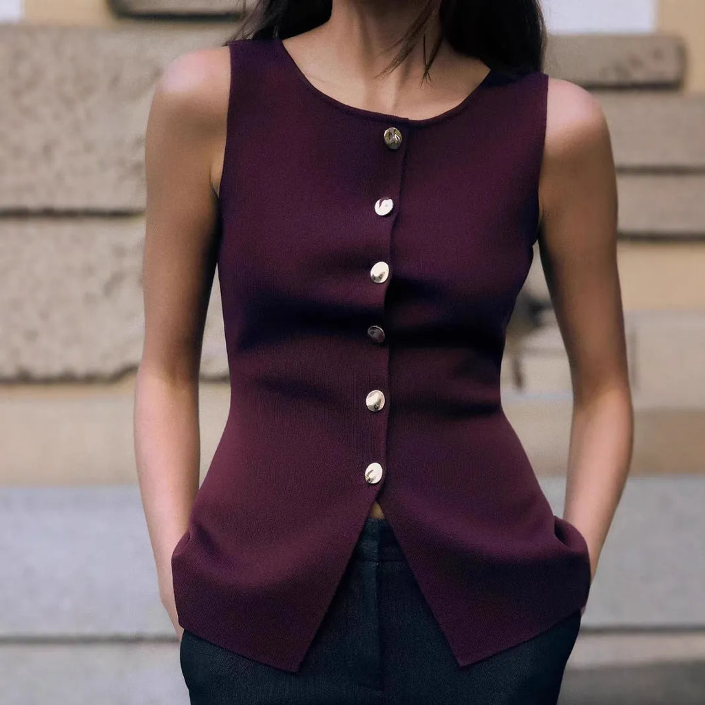 Slim fit dark red sleeveless viscose vest with a raised 3D pattern, shown on a hanger.