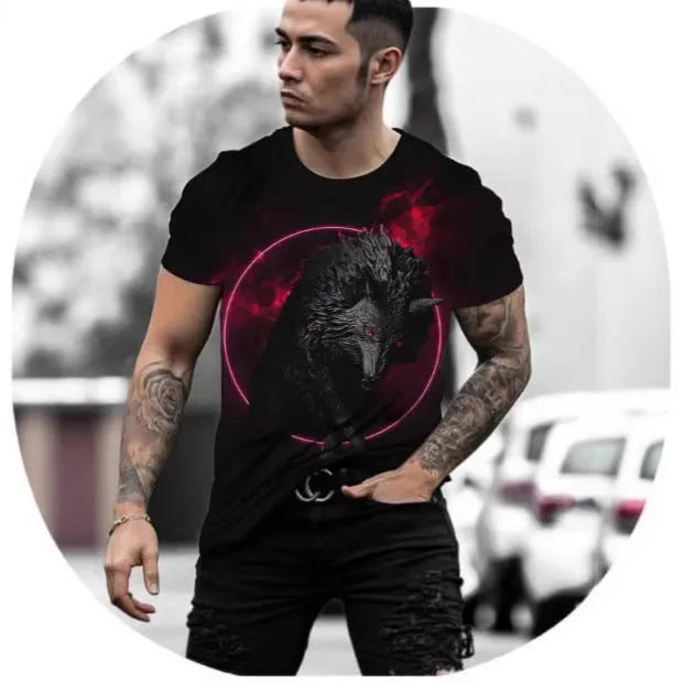 Man wearing a short-sleeved grey t-shirt with a detailed retro 3D digital print of a wild animal on the front.