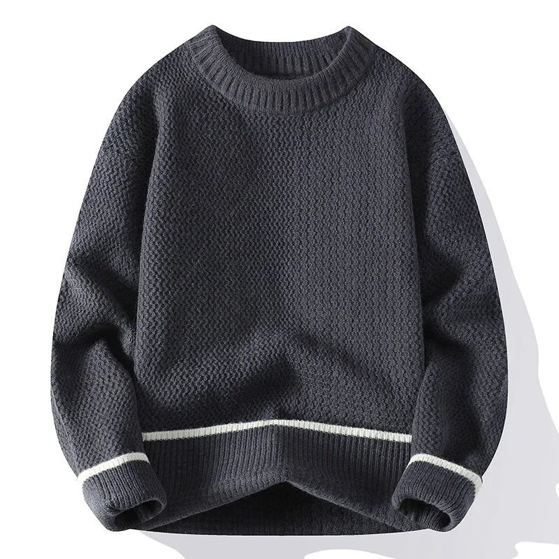 Men's round neck polyester blend knitwear sweater in loose fit showing black grey white khaki colour options
