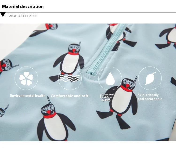 Boys' long sleeve swimming costume two-piece set with swim cap in penguin pattern