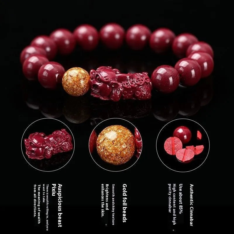 Purple gold sandstone and cinnabar polished bracelet with totem pattern, 10mm beads, unisex