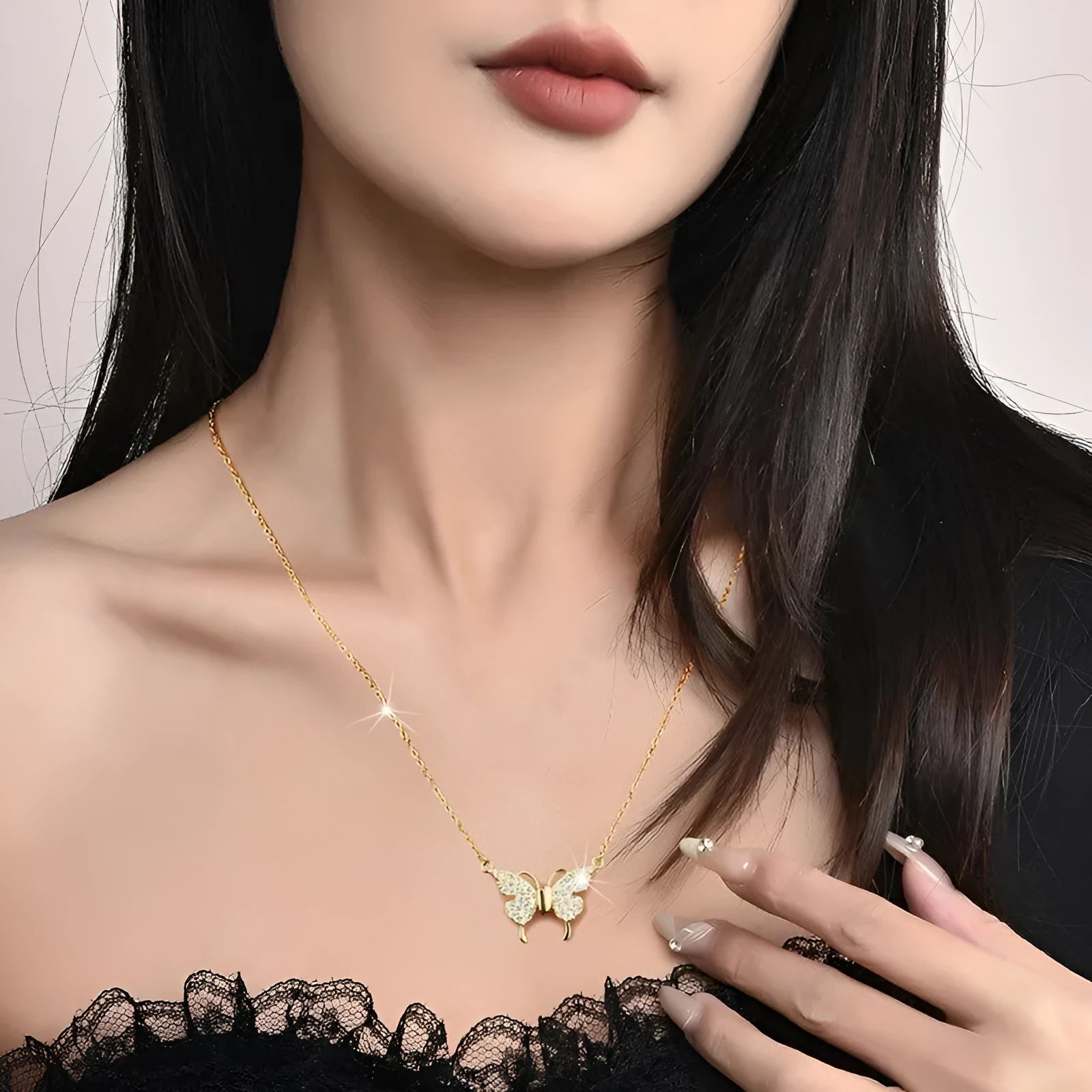 Gold titanium steel necklace with magnetic butterfly pendant on twisted chain