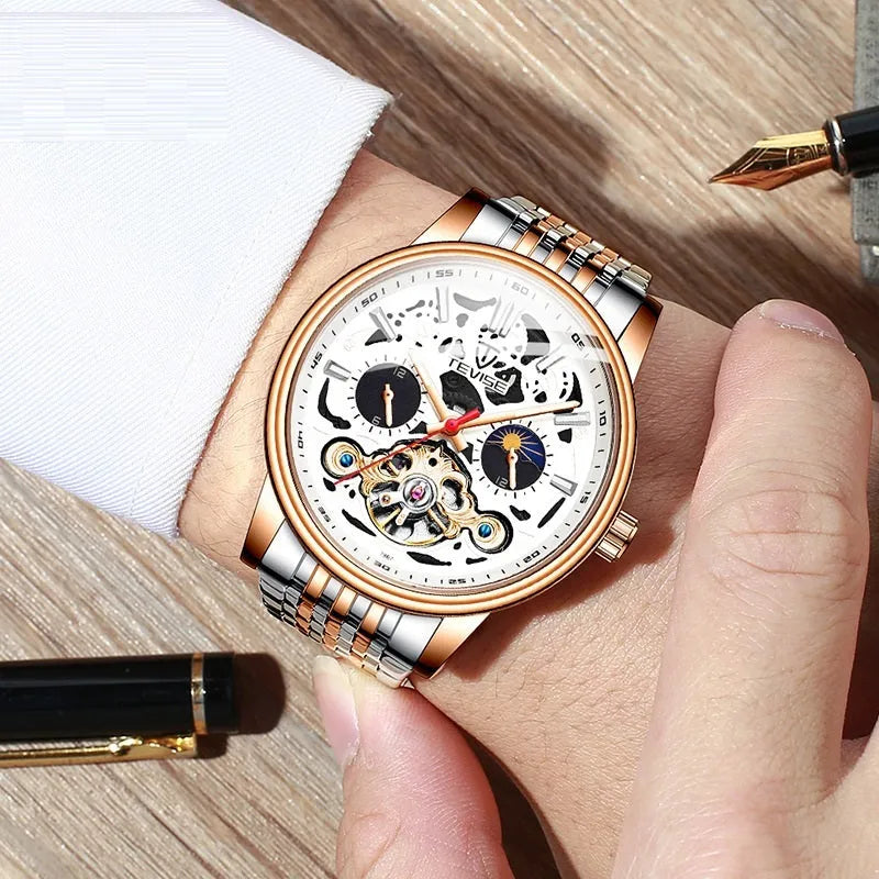 Men's black tourbillon skeleton watch with luminous hands on a leather strap.
