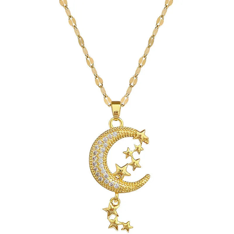 Stainless steel necklace with moon pendant and geometric tassel elements