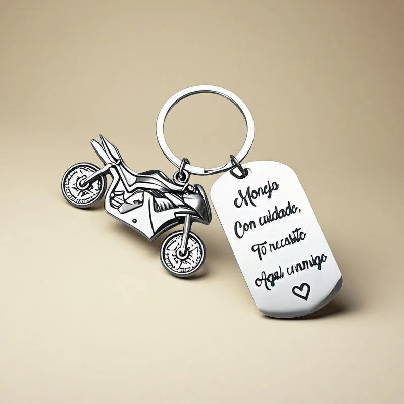 Stainless steel inspirational motorcycle keychain with metal ring and flannel storage bag.