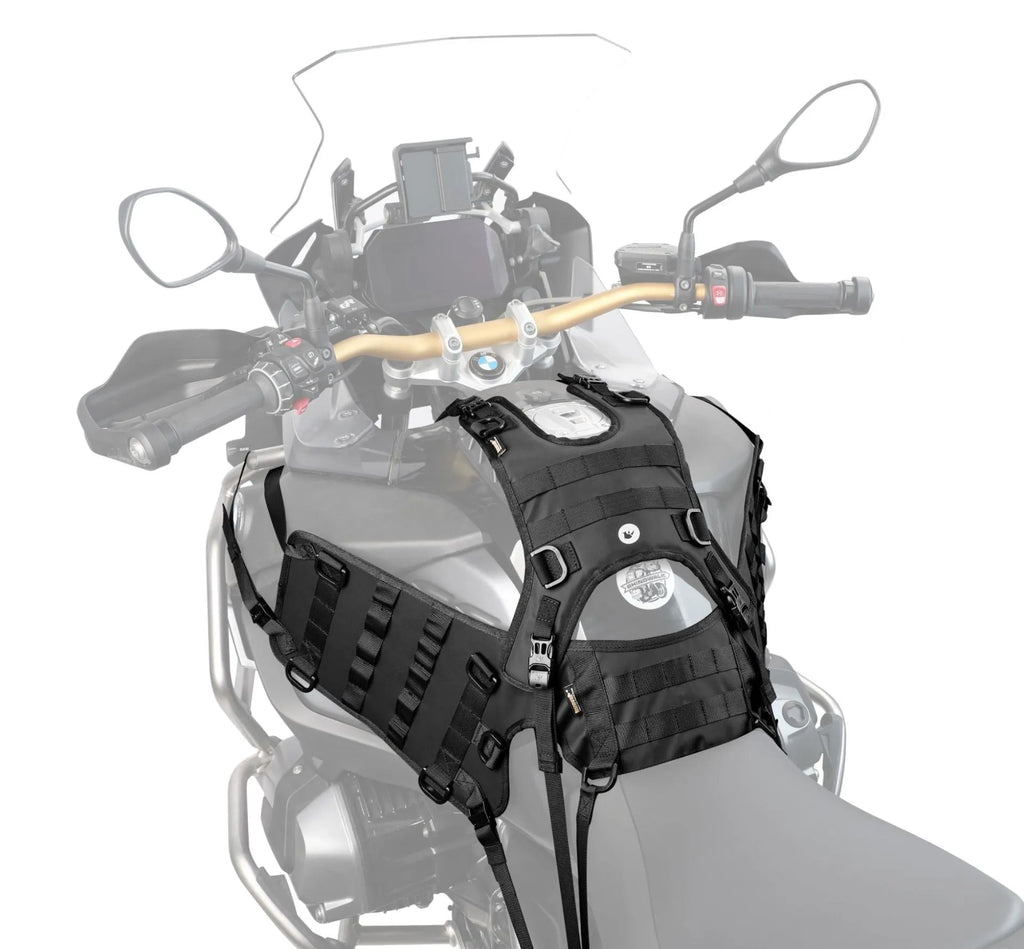 Black polyester motorcycle fuel tank mount base saddle 100x40cm on a bike tank surface