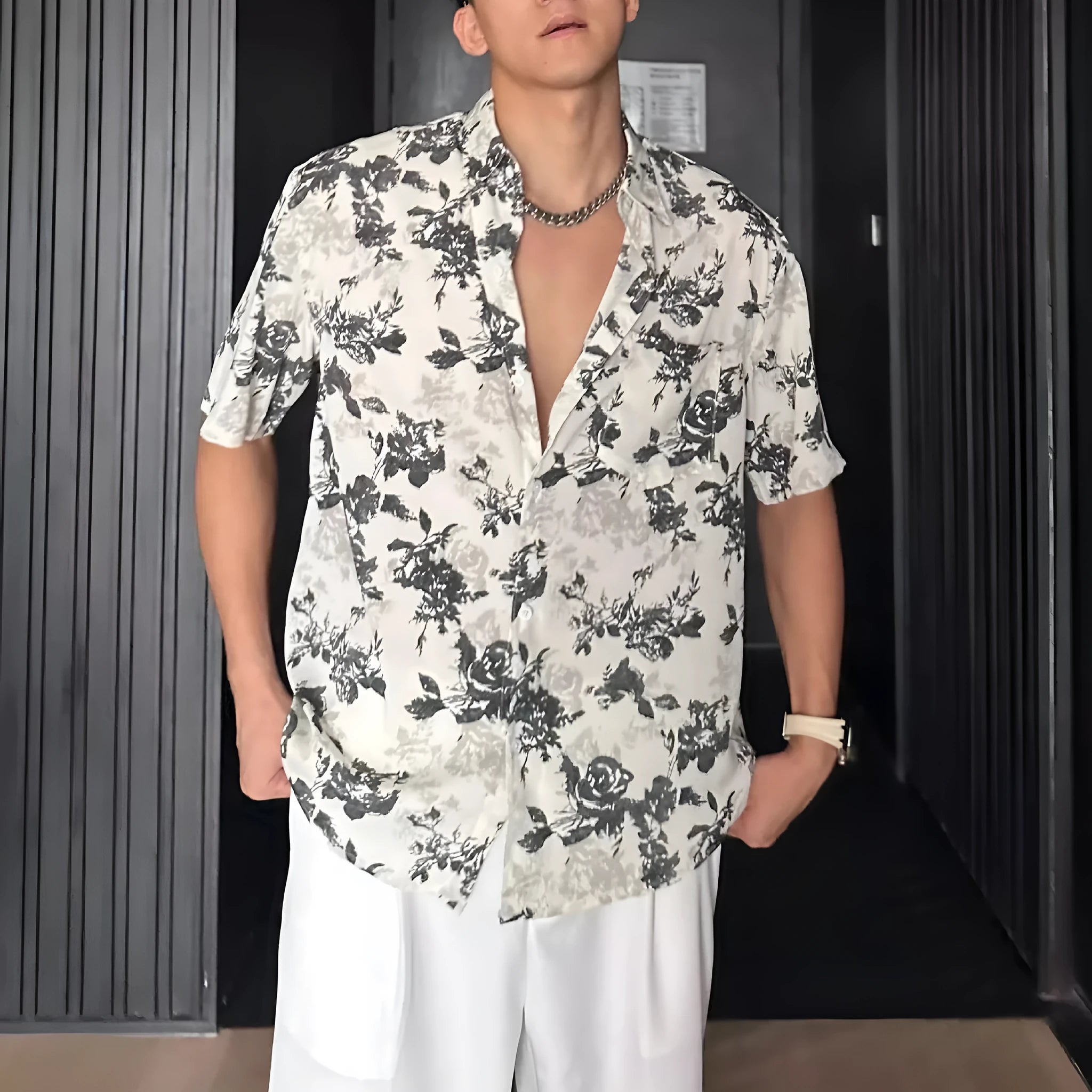 Men's loose casual short sleeve shirt with floral pattern in black or white colours
