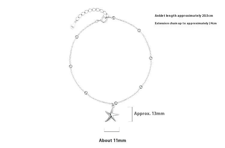 S925 sterling silver anklet with a starfish charm and adjustable beaded chain.