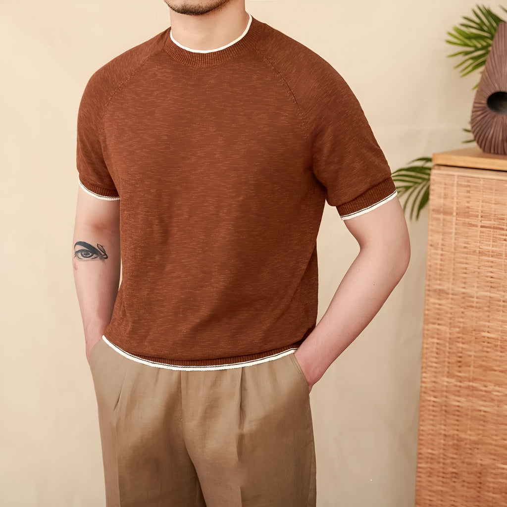 Breathable round neck linen cotton casual knitted short-sleeved T-shirt in Brown with short sleeves