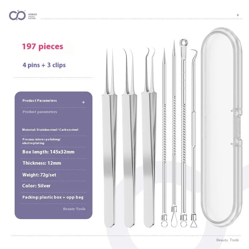 Four silver metal acne needles with ultra-fine points for blackhead removal.