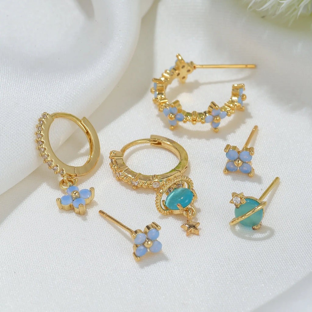 Gold and silver flower ear studs with zircon mosaic geometric Japanese Korean style design