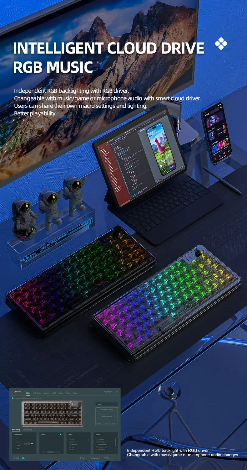 Attack Shark K75 RGB wireless mechanical keyboard with transparent case on a desk