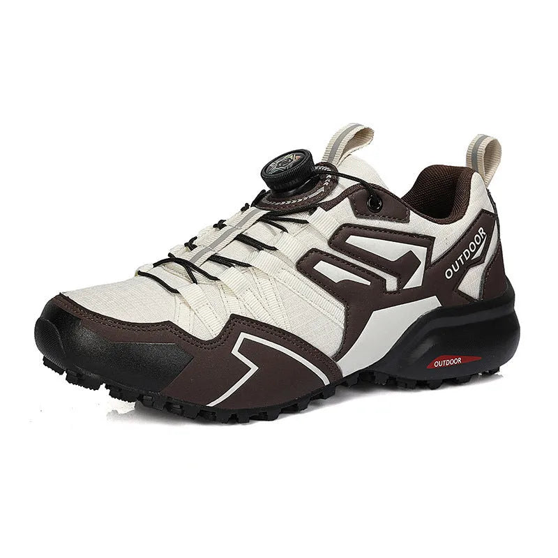 Men's beige lightweight hiking shoes with elastic band fastening and textured rubber sole.
