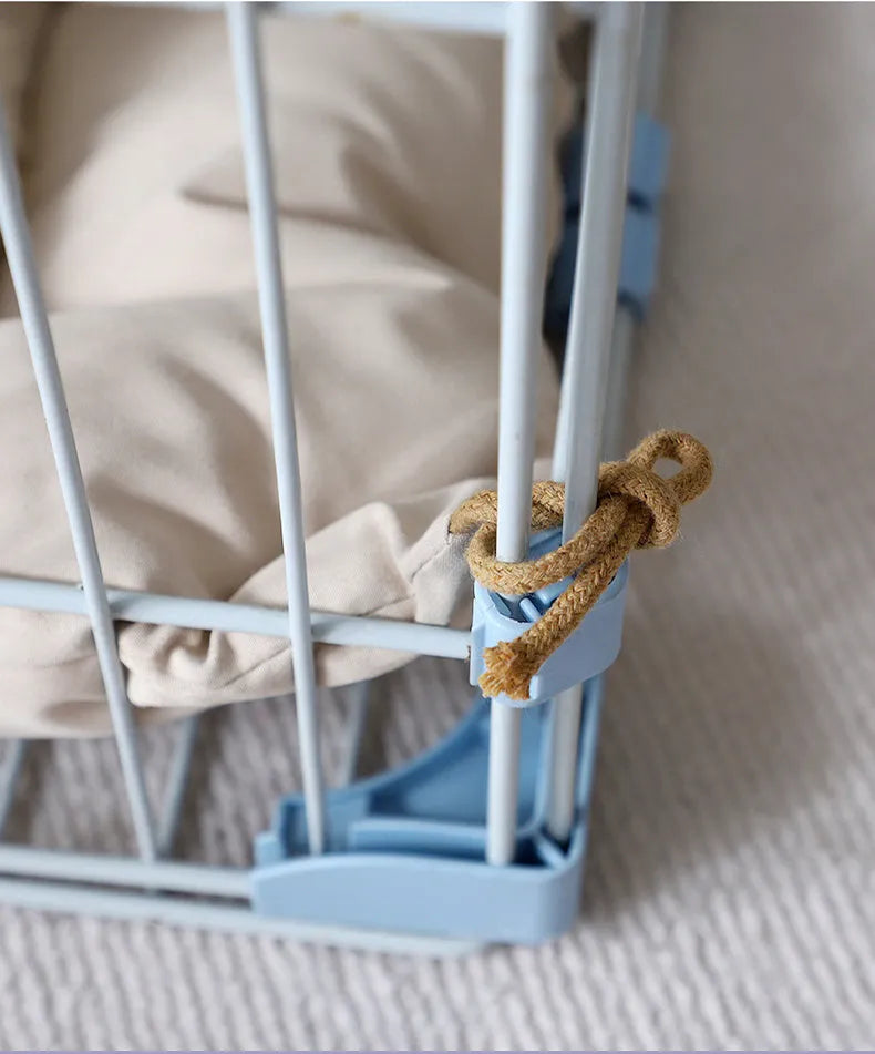 Tied cage cushion for dogs and cats in beige, showing platform attached to wire crate bars – size L.