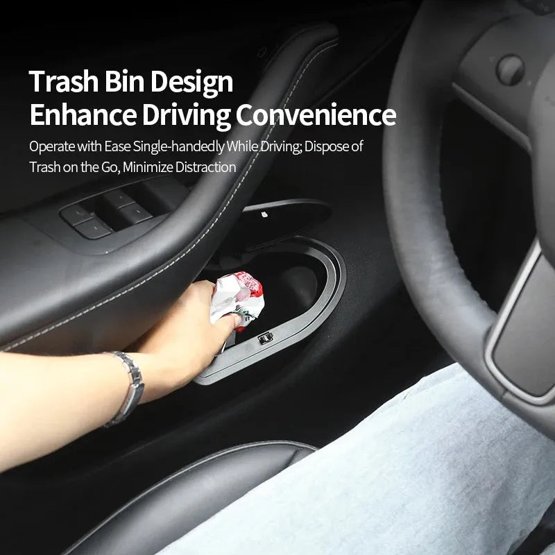 Black ABS plastic car door trash cans for Tesla Model Y front doors, waterproof containers measuring 25.5cm