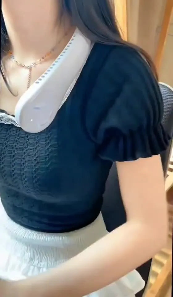 Blue USB rechargeable bladeless neck fan being worn, showing lightweight flexible neckband