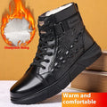 Genuine leather fur-lined snow boots with lace-up front and rubber sole, shown in black with velvet trim.