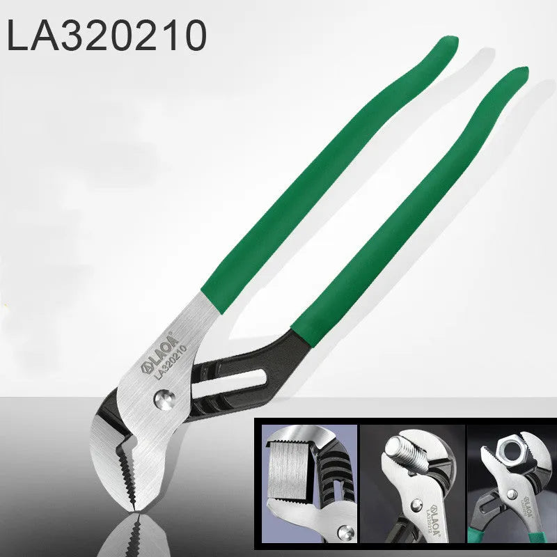 8 inch CR-V adjustable water pipe wrench with vinyl handle and deep teeth, open jaw showing multi-gear mechanism