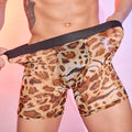 Men's leopard print boxer shorts showing animal pattern on nylon fabric