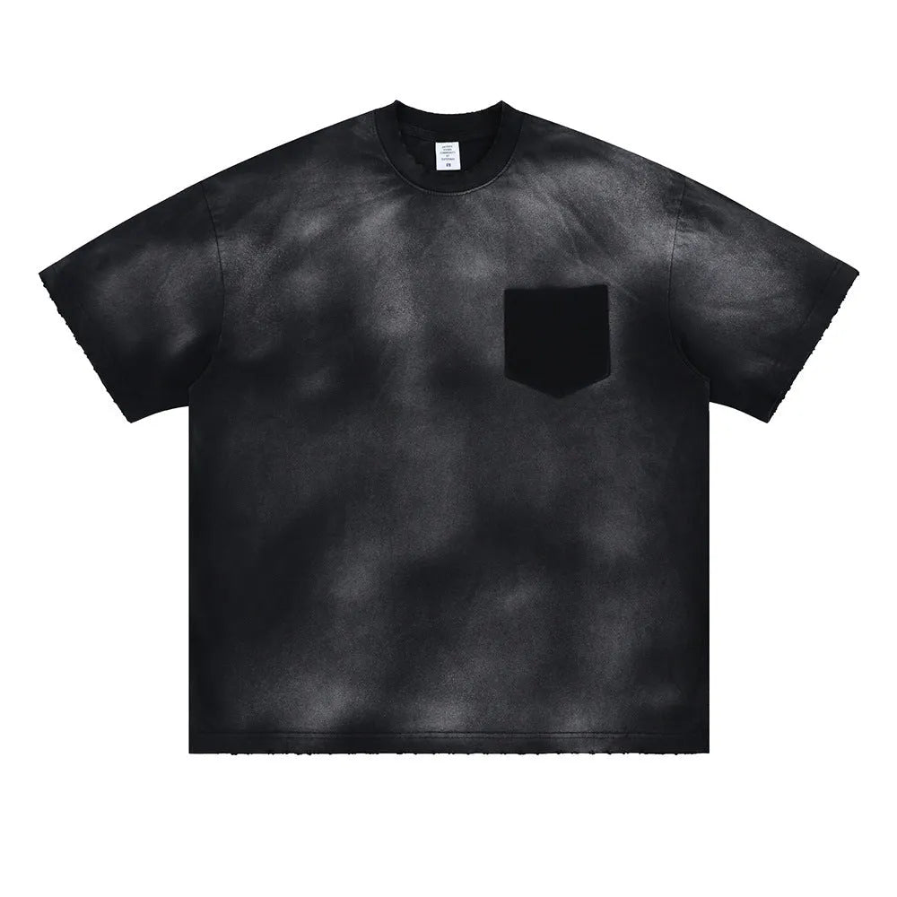 Black men's loose fit cotton T-shirt with printed letters and drop-shoulder sleeves