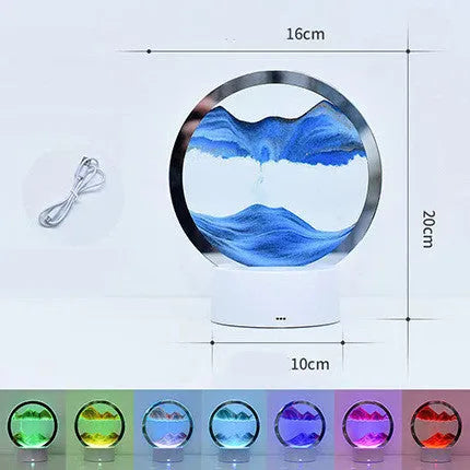 Creative 3D quicksand table lamp with glass shade and touch USB control, showing blue light colour