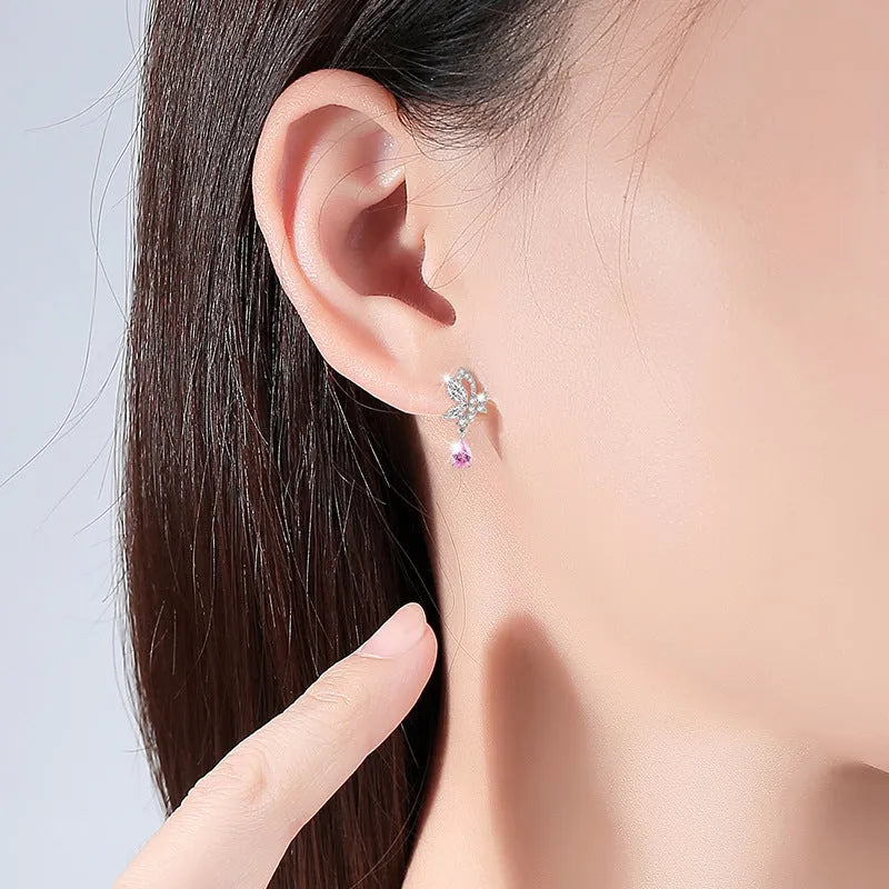 Crystal butterfly silver stud earrings for women in 925 sterling silver with crystal centrepiece