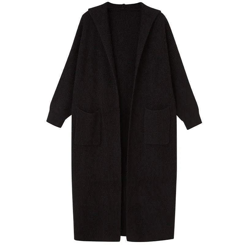 Long grey knitted cardigan trench coat with hood shown on hanger