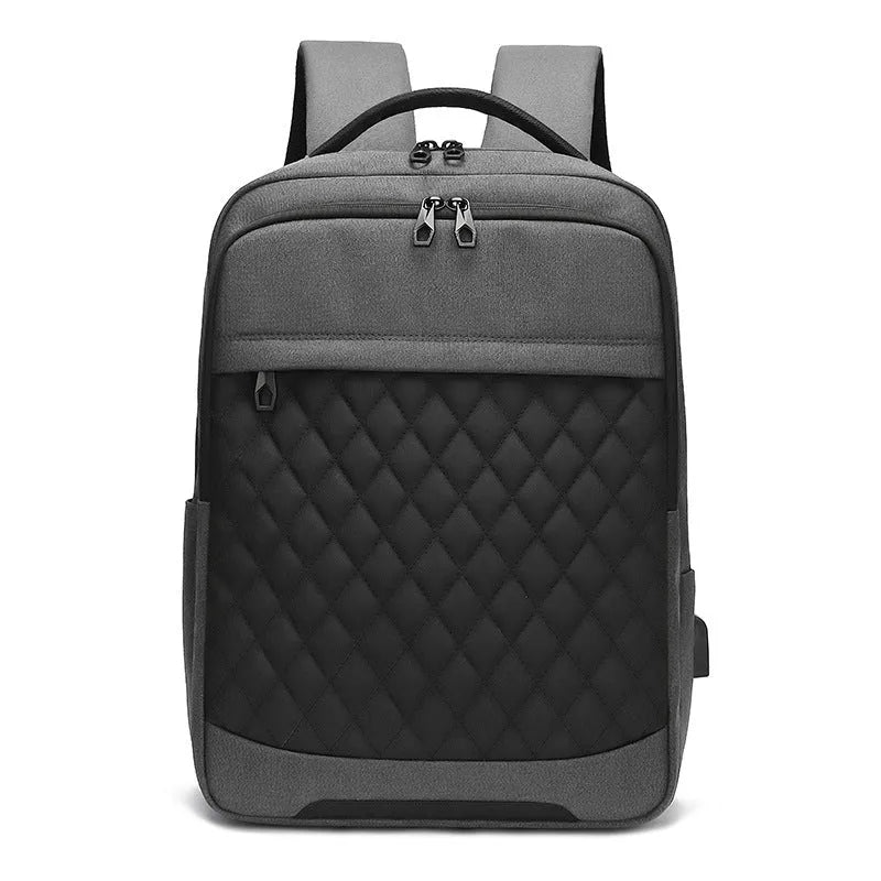 Men's black leisure travel backpack made from Oxford cloth with diamond mesh detail and curved shoulder straps