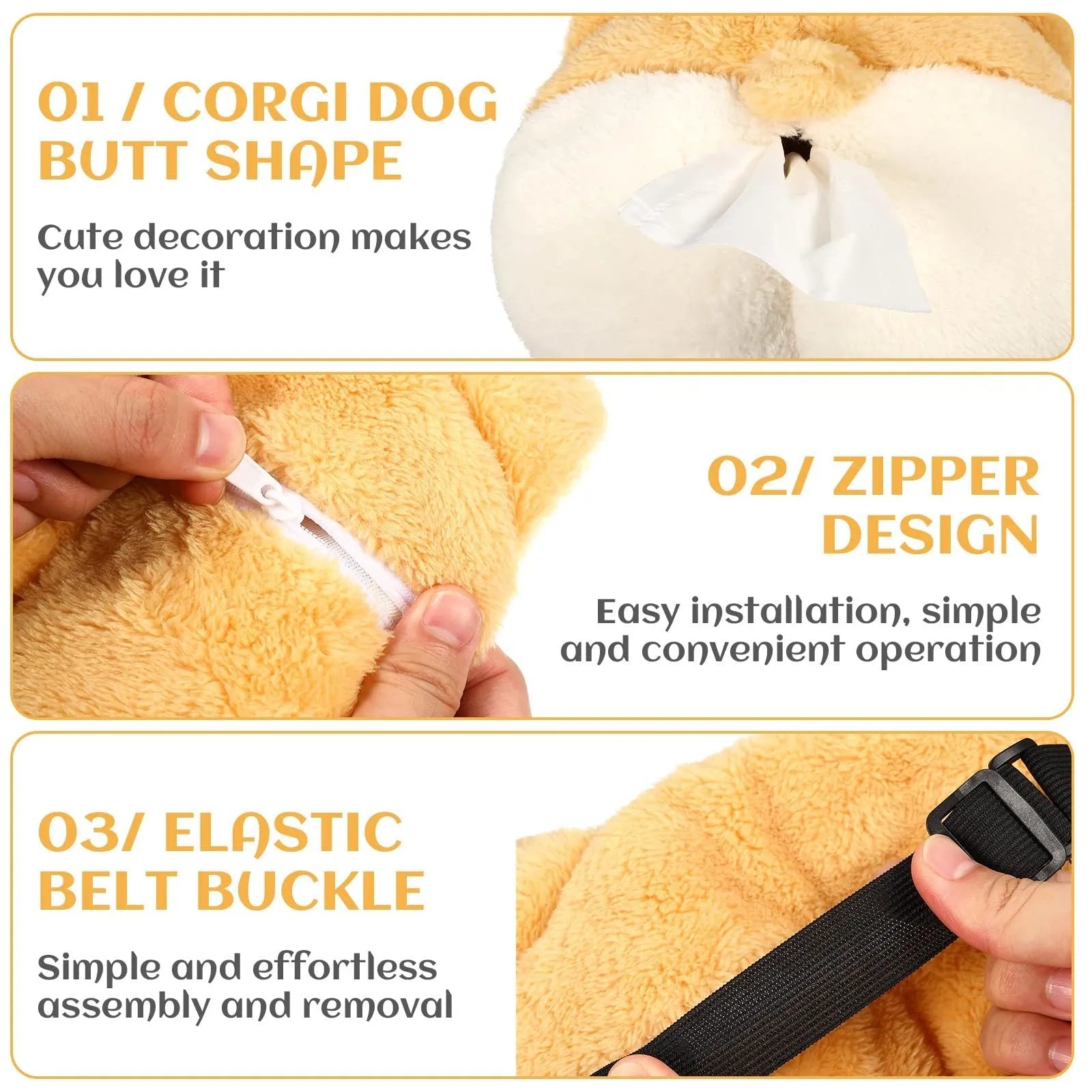 Yellow corgi butt-shaped soft tissue box cover with elastic strap for car sun visor.
