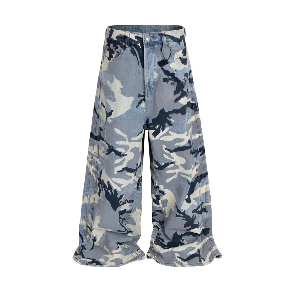 Snow camouflage blue jeans with mid-waist loose-fit design and micro-elastic cotton denim construction
