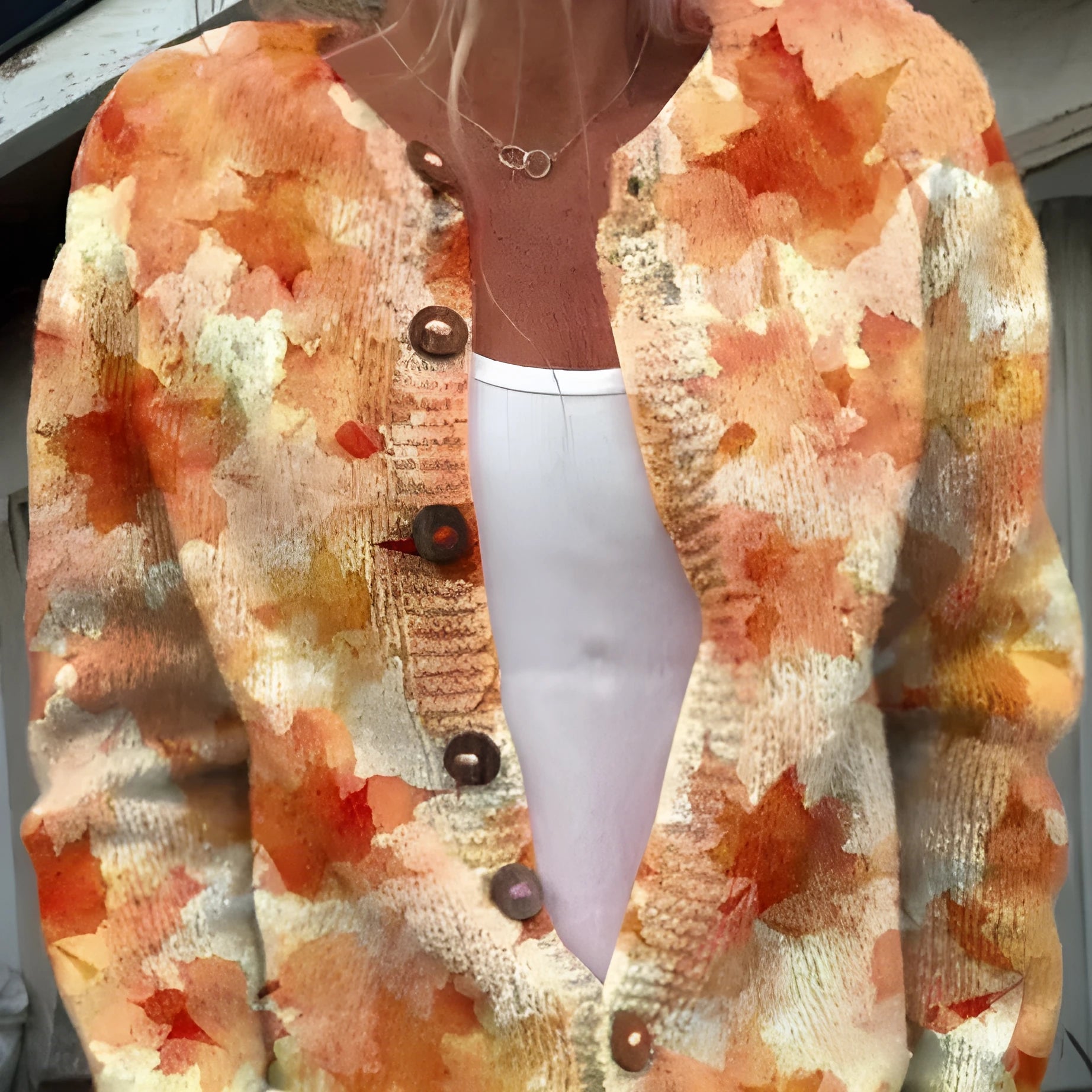 Digital printing cardigan knitted coat with 3D yellow pattern, regular sleeves, polyester fabric, side view