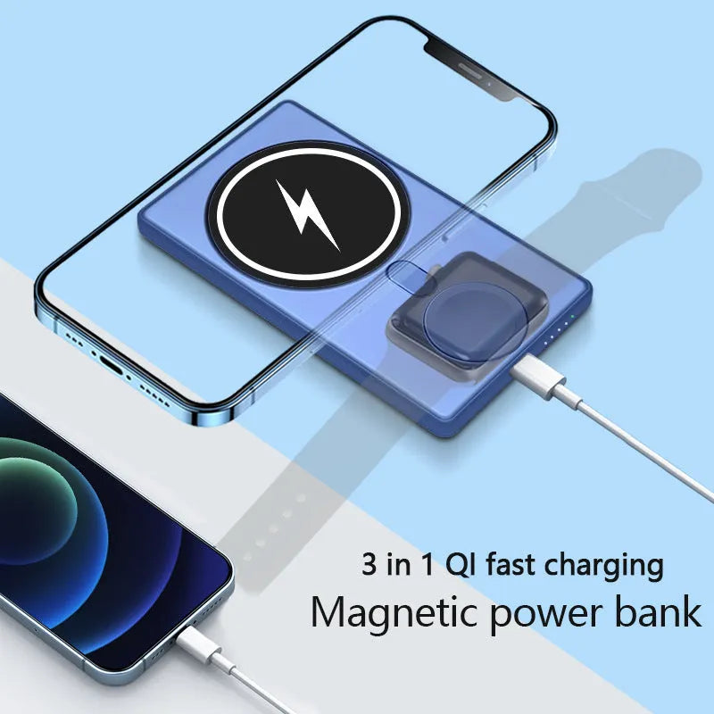 Three-in-one magnetic wireless charging power bank 5000mAh ultra-thin black and blue PVC shell