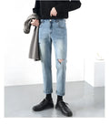 Men's light summer ripped jeans in blue with microelastic stretch denim, front view