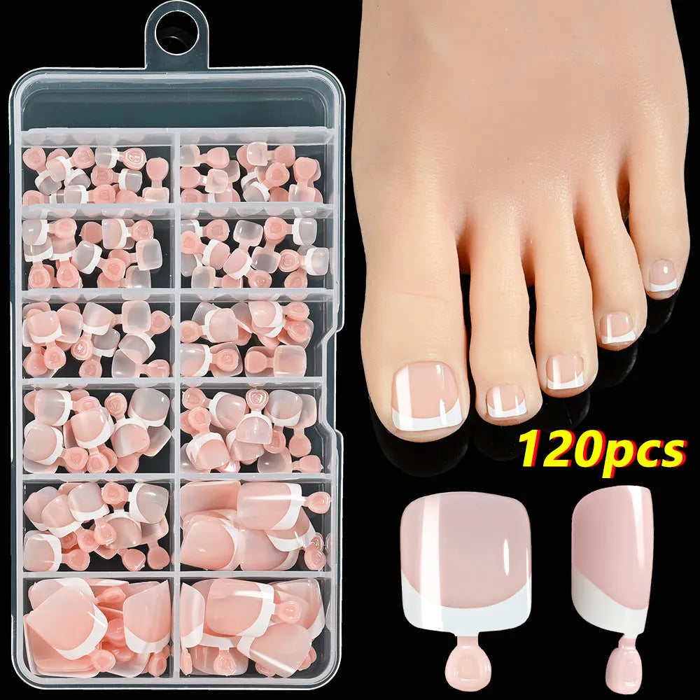 120 piece French white edge false toe nails in nude colours, full square short shape.