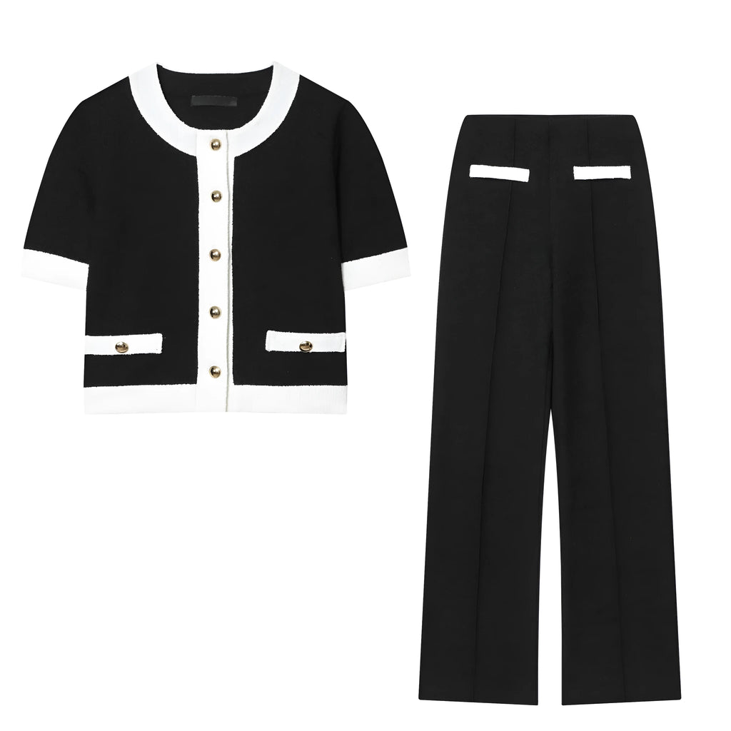 Women's two-piece set with beaded round neck top and high-waisted stretch trousers in street fashion style