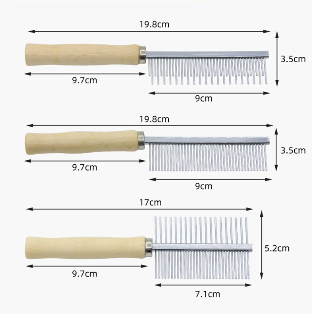 Wooden handle pet grooming comb for dogs and cats, showing rounded teeth.