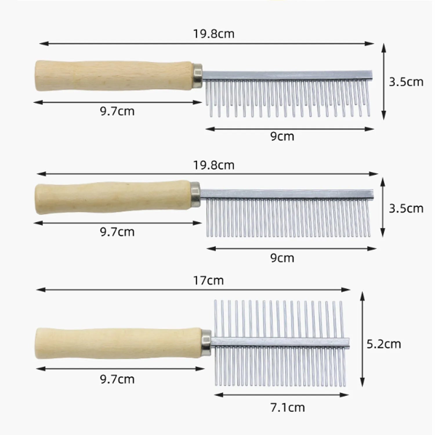 Wooden handle pet grooming comb for dogs and cats, showing rounded teeth.