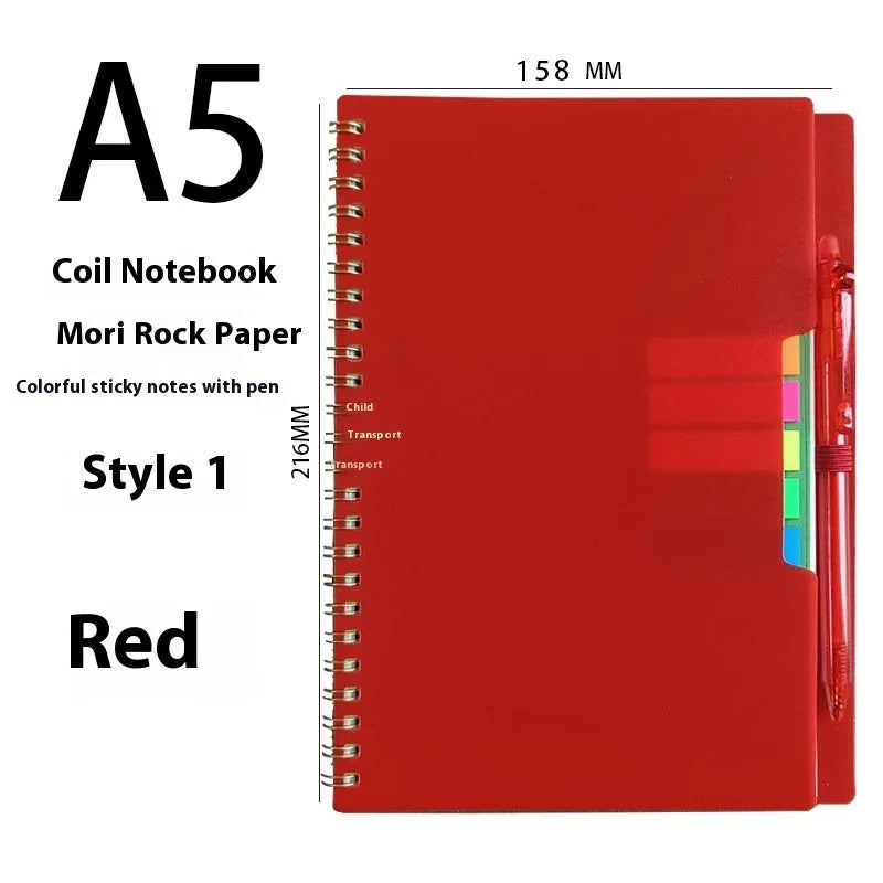 A5 coil-bound erasable notebook with waterproof stone paper in a customisable cover, shown with a pen.