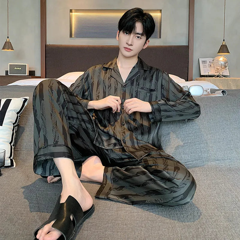 Ice silk men's pajama set with V-neck long sleeve top and thin trousers in Black Stripes