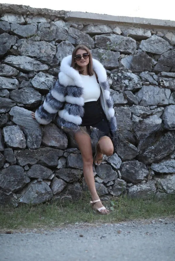 Women's artificial fur hooded coat in street fashion styling, medium length