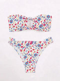 New Flower Swimwear sexy split bandeau bikini set in blue flowers pattern, polyester, size S M L, women's swimwear