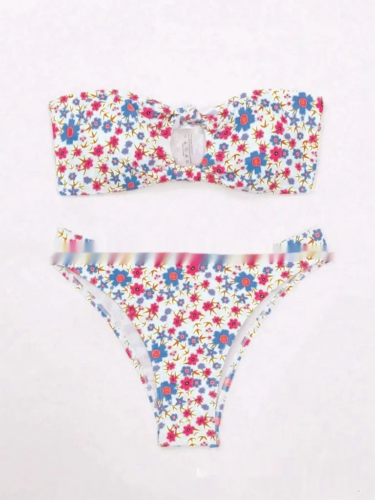 New Flower Swimwear sexy split bandeau bikini set in blue flowers pattern, polyester, size S M L, women's swimwear